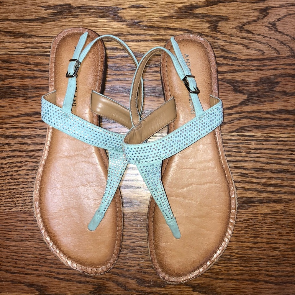 Antonio Melani tan & teal gemstone sandals